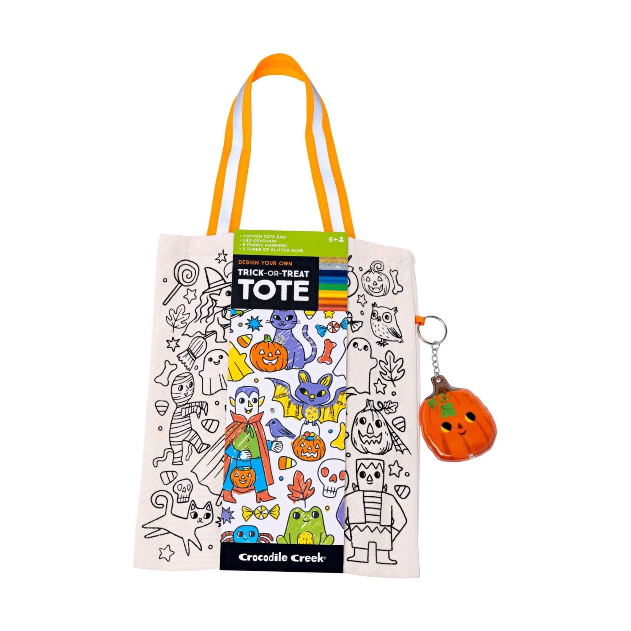 Crocodile Creek Colour Your Own Halloween Trick-or-Treat Tote – DIY Canvas Bag with 6 Fabric Markers & Pumpkin Keychain (Ages 6+)