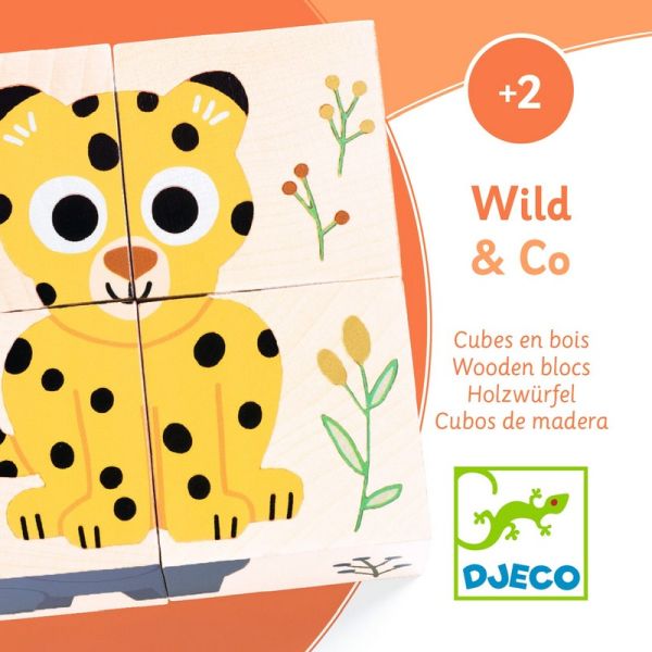 Djeco Wild & Co 4-Cube Animal Puzzle – 6-in-1 Wooden Block Puzzle Set (Ages 12m+)