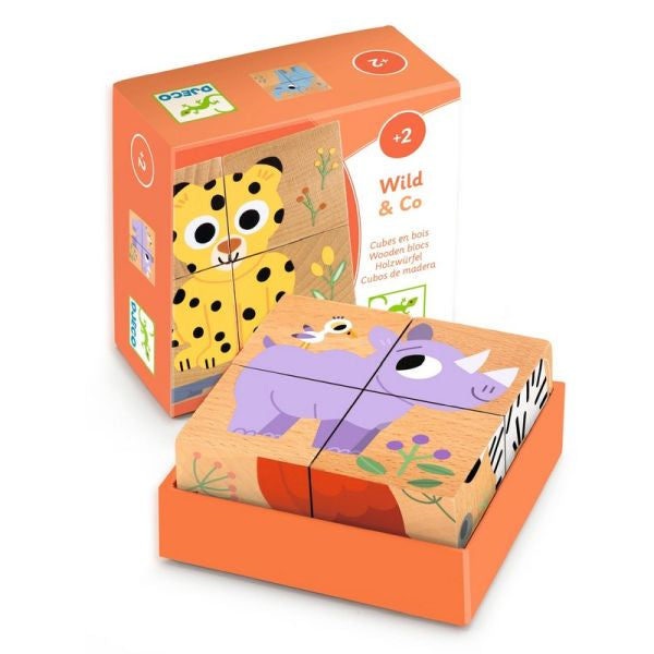 Djeco Wild & Co 4-Cube Animal Puzzle – 6-in-1 Wooden Block Puzzle Set (Ages 12m+)
