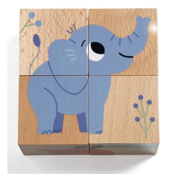 Djeco Wild & Co 4-Cube Animal Puzzle – 6-in-1 Wooden Block Puzzle Set (Ages 12m+)