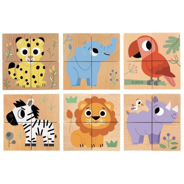 Djeco Wild & Co 4-Cube Animal Puzzle – 6-in-1 Wooden Block Puzzle Set (Ages 12m+)