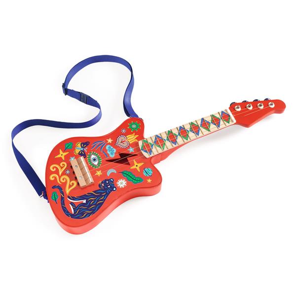 Djeco Animambo Rock Guitar – 4-String Kids Guitar with Shoulder Strap (Ages 3+)