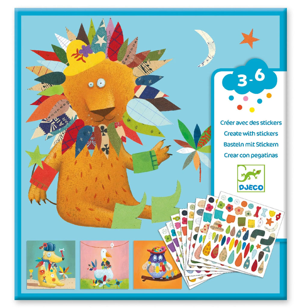 Djeco Soft Animals Felt Sticker Collage Kit – Create 4 Felt Pictures with Pre-Cut Stickers (Ages 18m+)