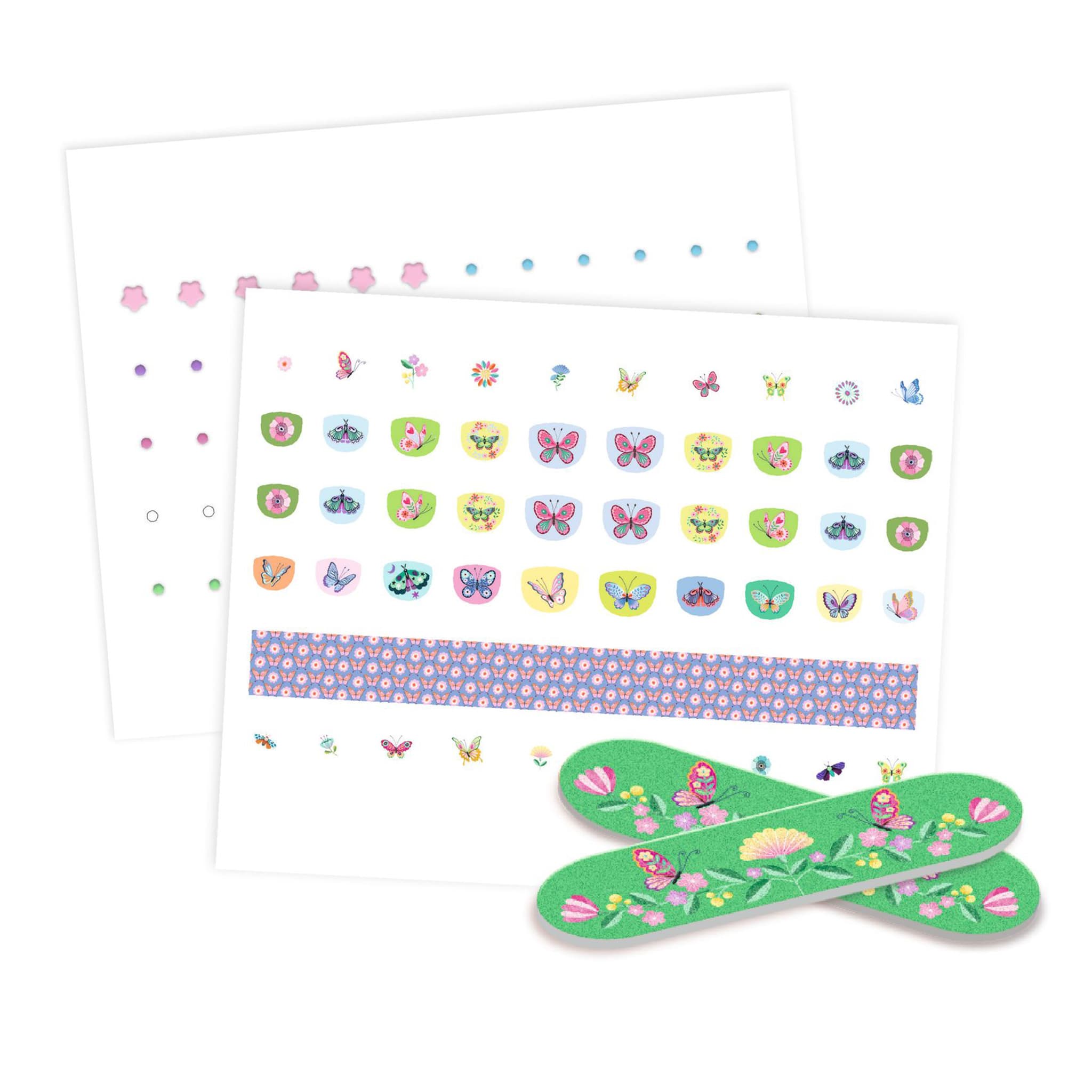 Djeco Springtime Butterflies Nail Stickers – 90-Piece Kids Nail Art Set with Nail File (Ages 4+)