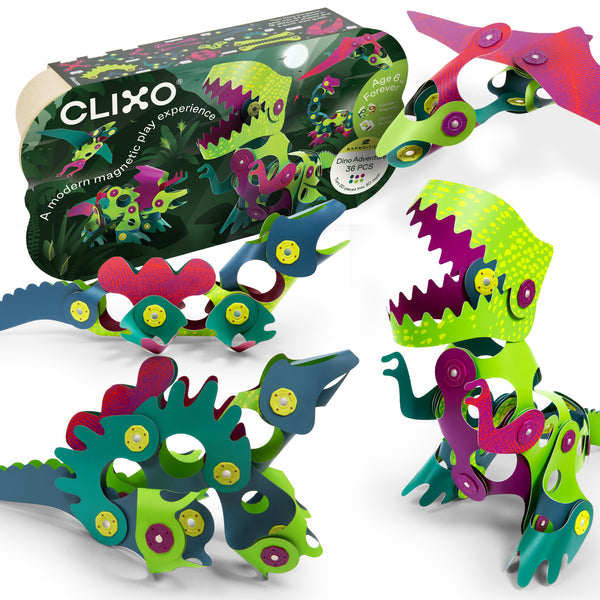 Clixo Dino Adventure Pack – 36-Piece Flexible Magnetic Building Set for Kids (Ages 6+)