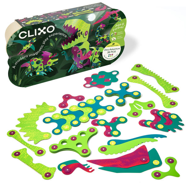 Clixo Dino Adventure Pack – 36-Piece Flexible Magnetic Building Set for Kids (Ages 6+)