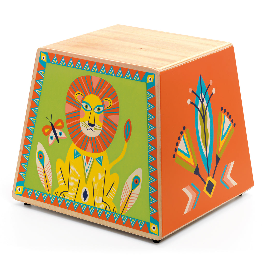 Djeco Animambo Illustrated Wooden Cajon – Pyramid Percussion Drum Stool for Kids (Ages 4+)