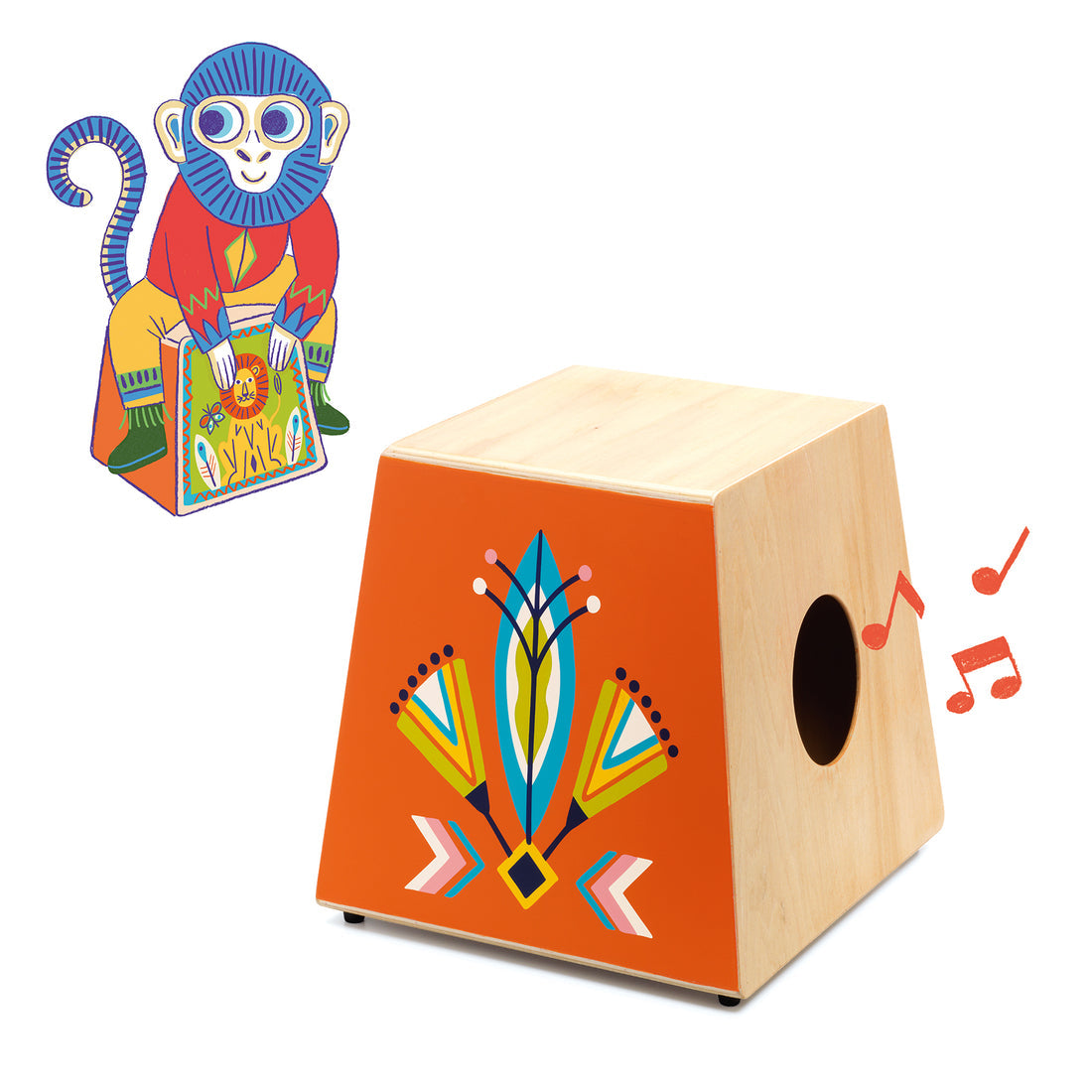 Djeco Animambo Illustrated Wooden Cajon – Pyramid Percussion Drum Stool for Kids (Ages 4+)