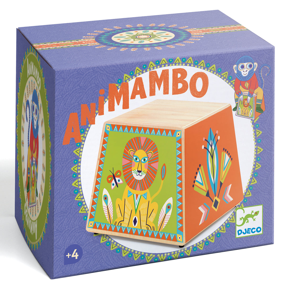 Djeco Animambo Illustrated Wooden Cajon – Pyramid Percussion Drum Stool for Kids (Ages 4+)
