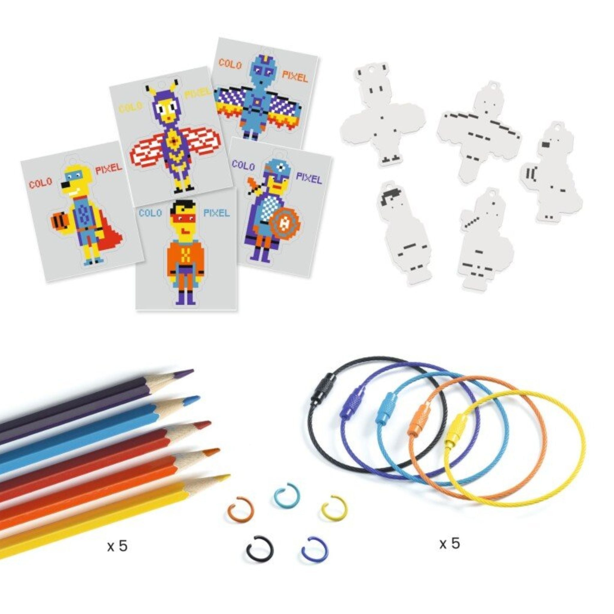 Djeco Pixel Art Heroes Shrink Plastic Keychain Kit – Make 5 Shrinking Plastic Keychains (Ages 7+)