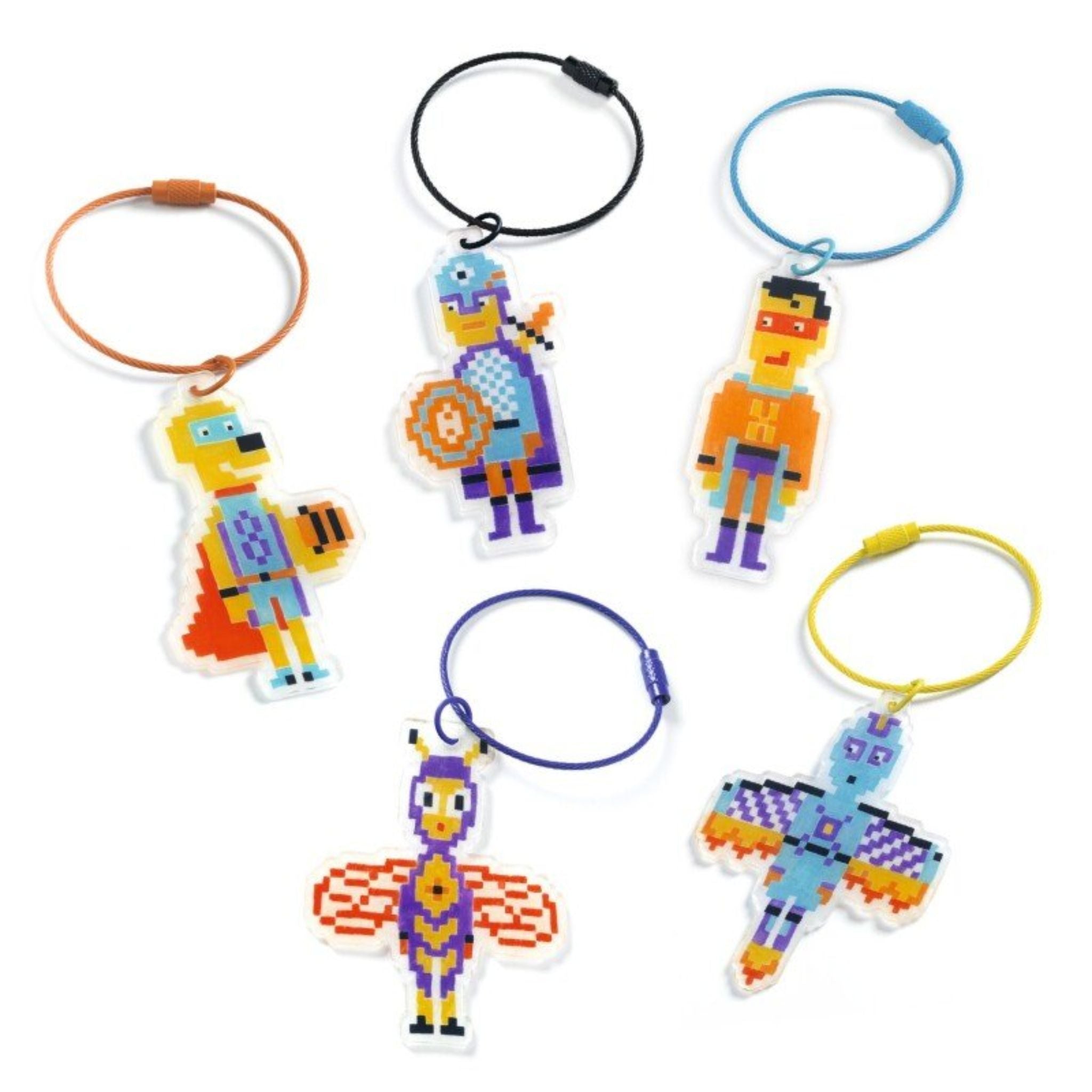 Djeco Pixel Art Heroes Shrink Plastic Keychain Kit – Make 5 Shrinking Plastic Keychains (Ages 7+)