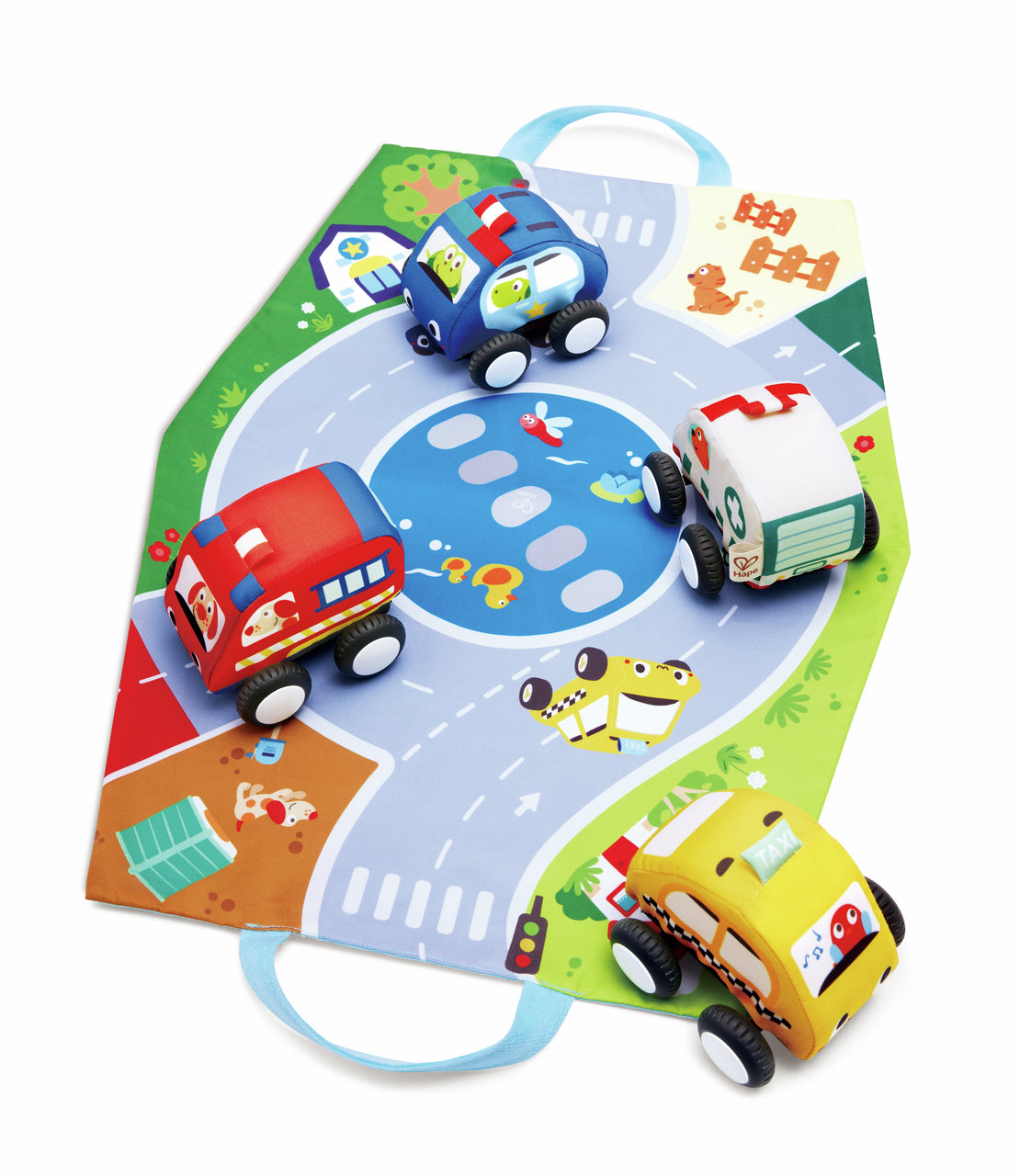 Hape Pull-Back Plush Car Set – 4 Soft Squeeze Cars with Foldable Road Mat Carrying Bag (Ages 12m+)