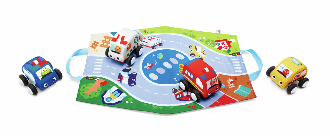 Hape Pull-Back Plush Car Set – 4 Soft Squeeze Cars with Foldable Road Mat Carrying Bag (Ages 12m+)