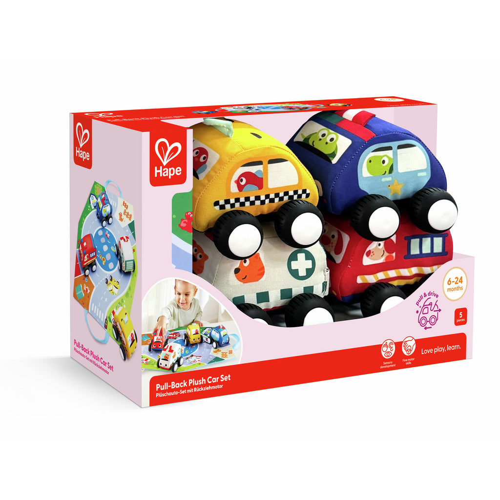 Hape Pull-Back Plush Car Set – 4 Soft Squeeze Cars with Foldable Road Mat Carrying Bag (Ages 12m+)