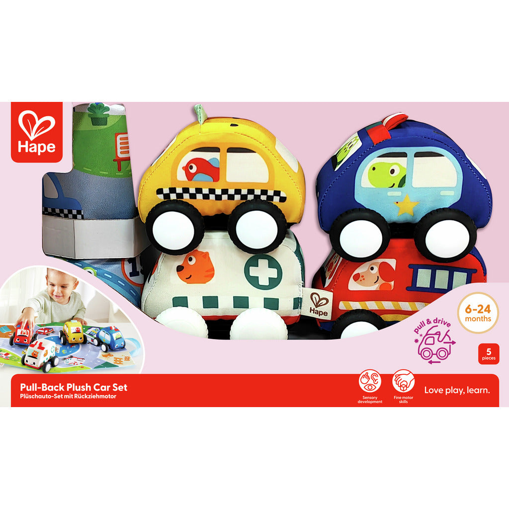 Hape Pull-Back Plush Car Set – 4 Soft Squeeze Cars with Foldable Road Mat Carrying Bag (Ages 12m+)