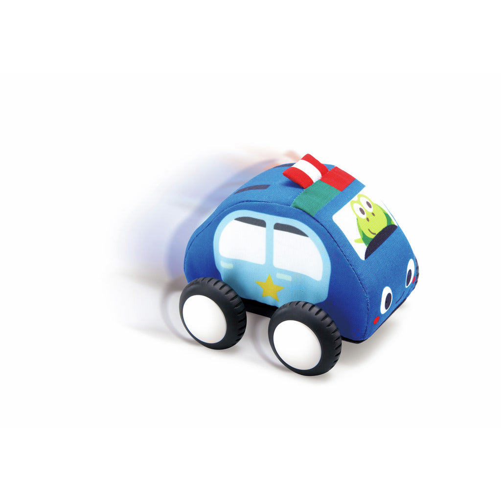 Hape Pull-Back Plush Car Set – 4 Soft Squeeze Cars with Foldable Road Mat Carrying Bag (Ages 12m+)