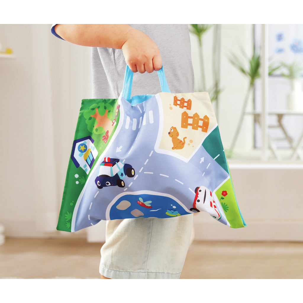 Hape Pull-Back Plush Car Set – 4 Soft Squeeze Cars with Foldable Road Mat Carrying Bag (Ages 12m+)
