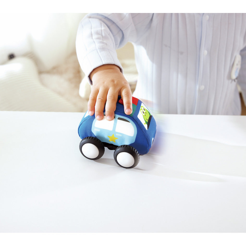 Hape Pull-Back Plush Car Set – 4 Soft Squeeze Cars with Foldable Road Mat Carrying Bag (Ages 12m+)