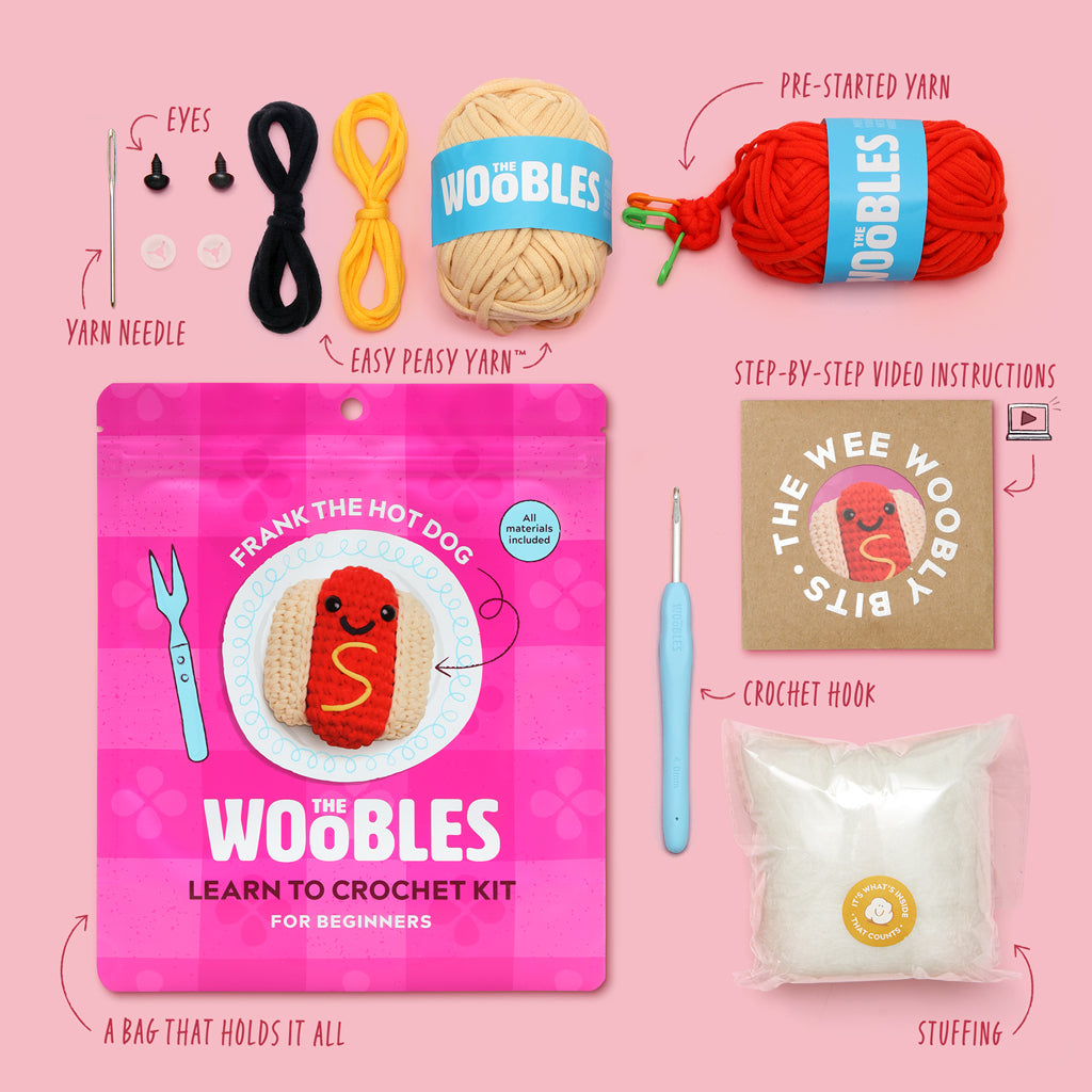 The Woobles Frank the Hotdog Beginner Crochet Kit | Easy Food Amigurumi Kit for Ages 8+