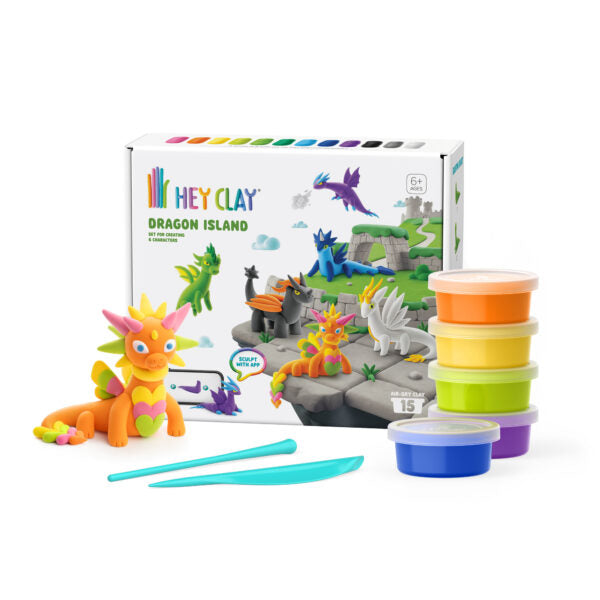 Hey Clay Dragon Island 15-Can Air-Dry Clay Kit – Sculpt 6 Unique Dragon Characters with App-Guided Instructions (Ages 3+)