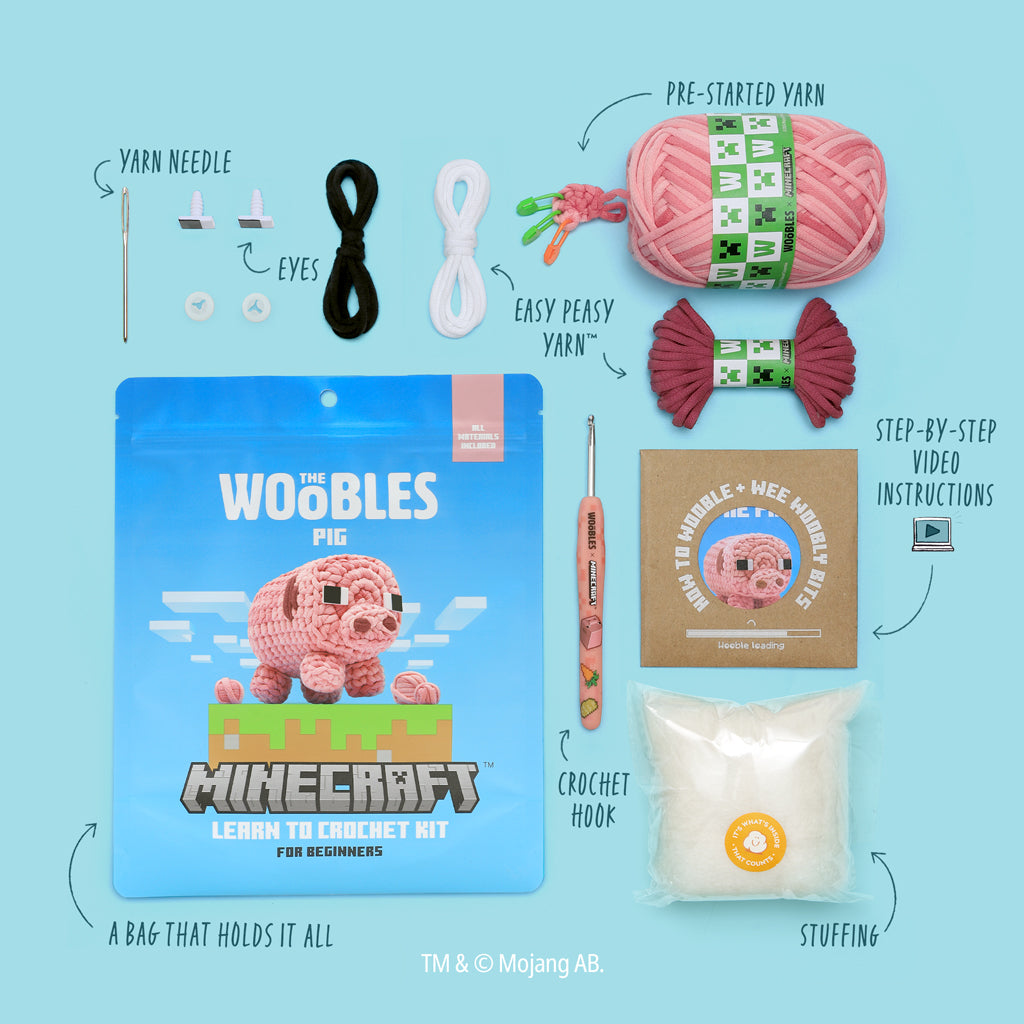 The Woobles Minecraft Pig Crochet Kit | Official Minecraft Beginner Amigurumi for Ages 12+