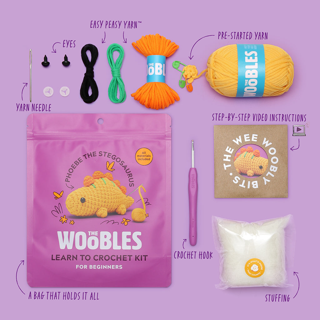 The Woobles Phoebe the Stegosaurus Beginner Crochet Kit | Easy Amigurumi Dinosaur for Ages 8+