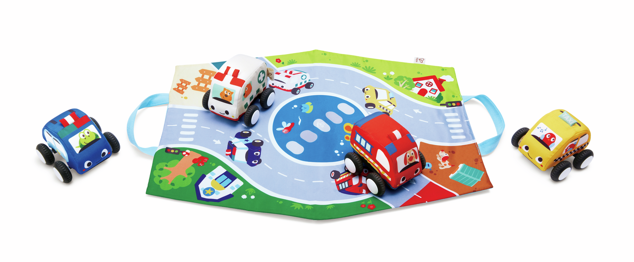 Hape Pull-Back Plush Cars with Road Mat – Soft Vehicle Set with Foldable Play Mat (Ages 12m+)
