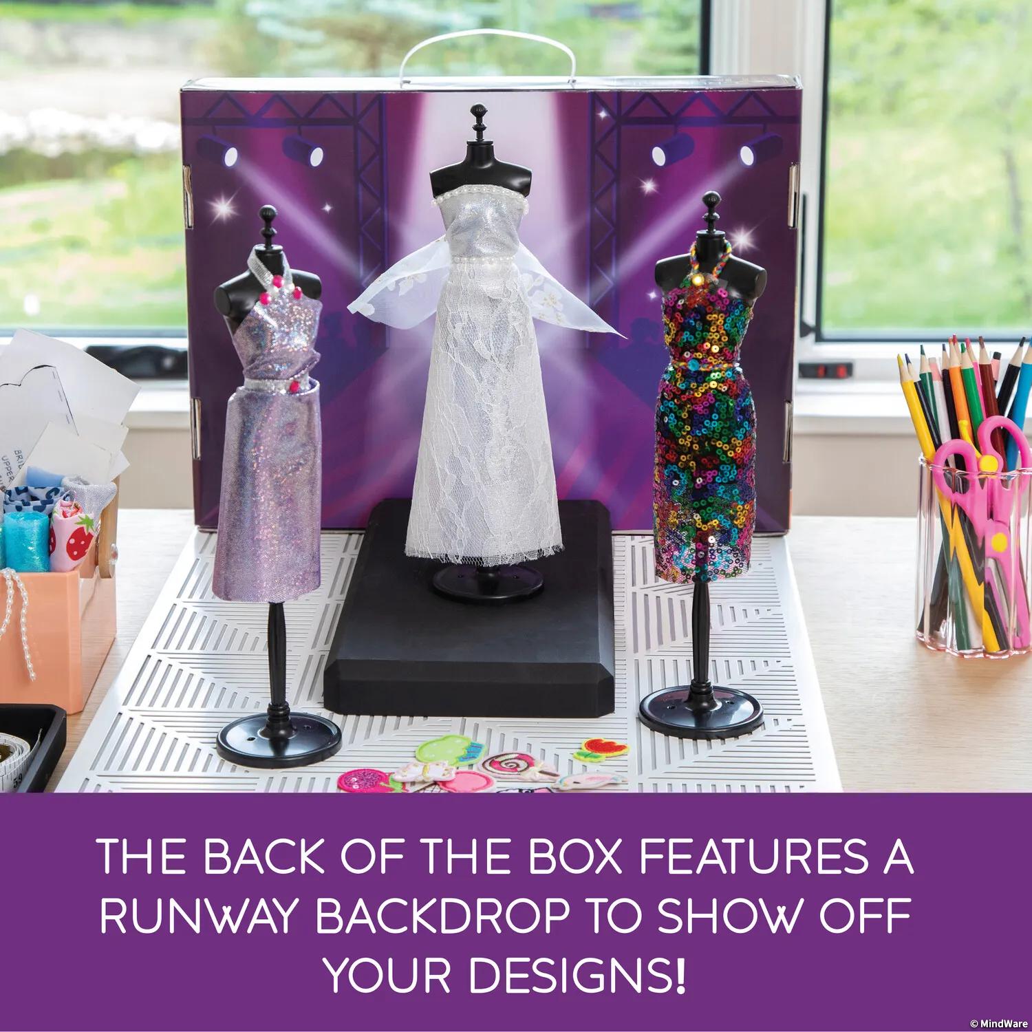 Mindware Run the Runway Fashion Design Kit – No-Sew Dress Design Set with 450+ Fabrics, 3 Mannequins & Designer Guidebook (Ages 8+)