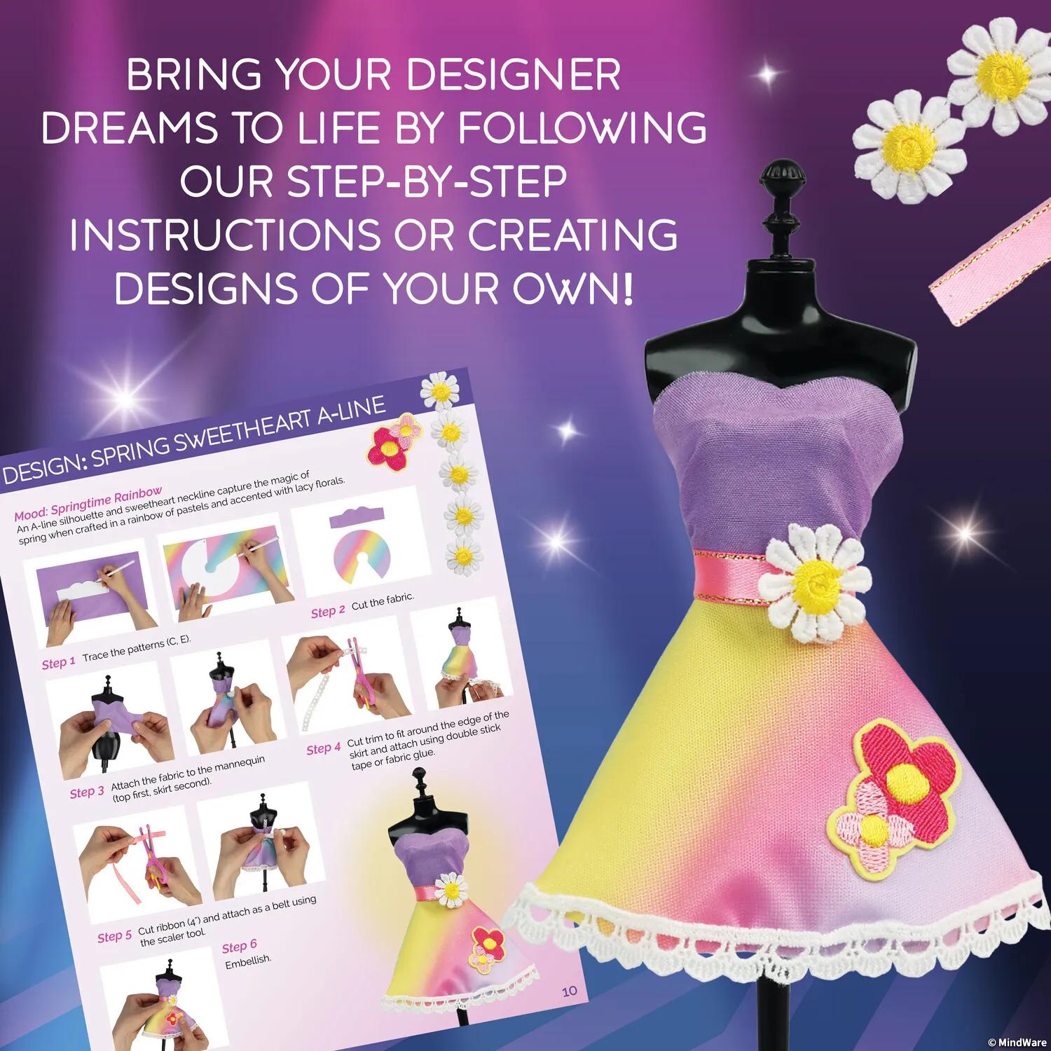 Mindware Run the Runway Fashion Design Kit – No-Sew Dress Design Set with 450+ Fabrics, 3 Mannequins & Designer Guidebook (Ages 8+)