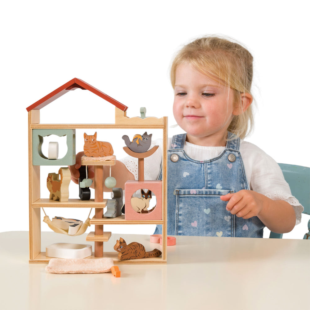 Tender Leaf Toys Purrfect Stay Cat Hotel – Wooden Cat Role Play Toy for Kids