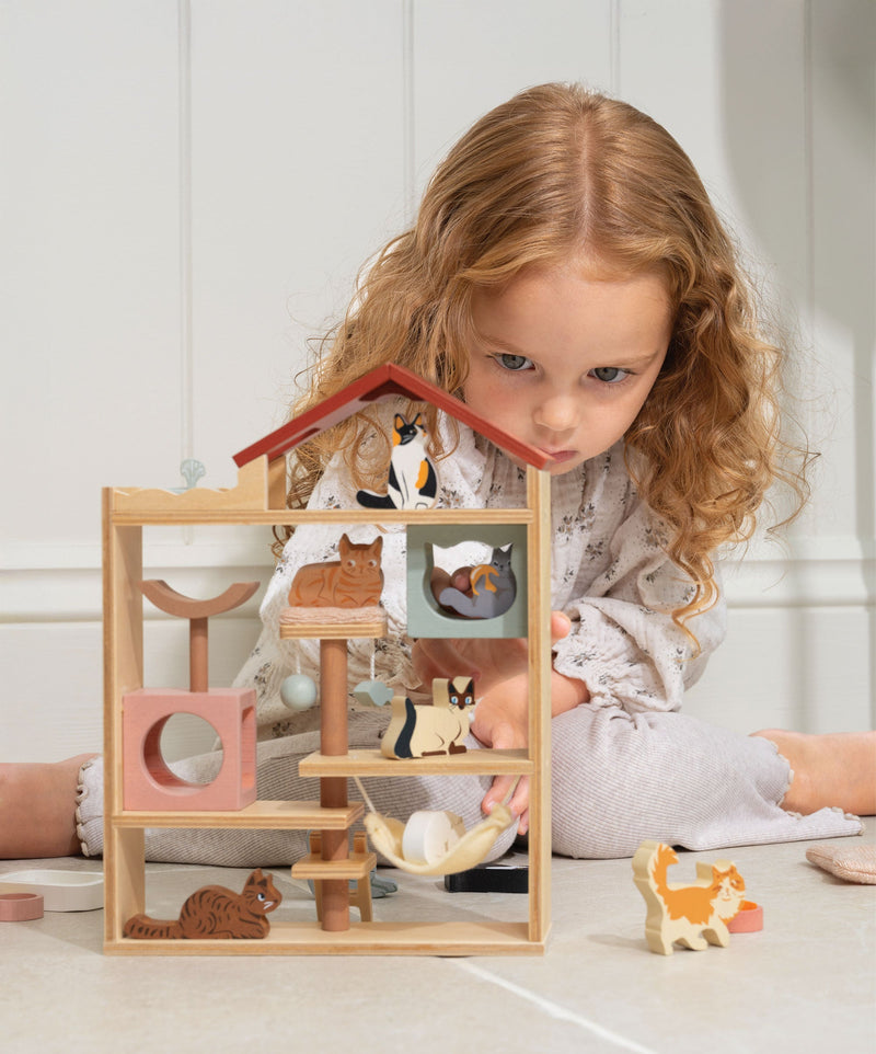 Tender Leaf Toys Purrfect Stay Cat Hotel – Wooden Cat Role Play Toy for Kids