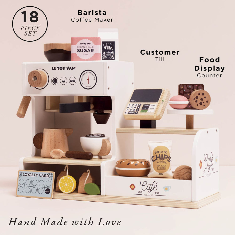 Le Toy Van Table Top Barista Café Shop – FSC-Certified Wooden Espresso Machine Play Set with 17 Accessories (Ages 3+)