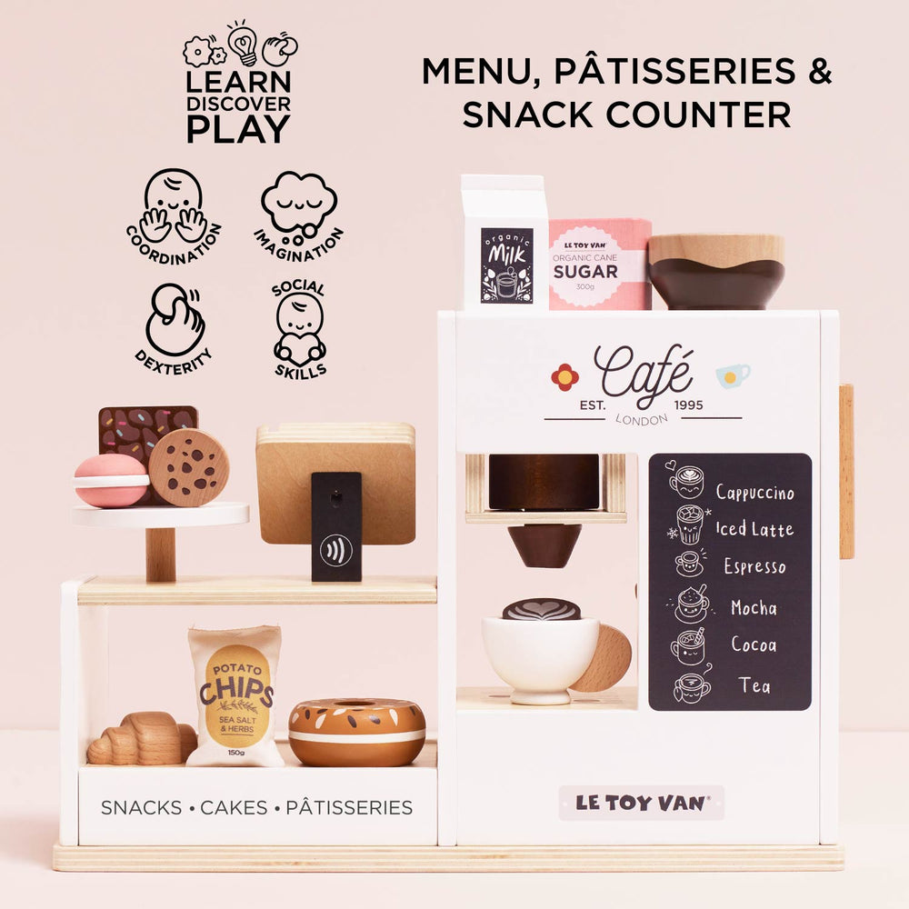 Le Toy Van Table Top Barista Café Shop – FSC-Certified Wooden Espresso Machine Play Set with 17 Accessories (Ages 3+)