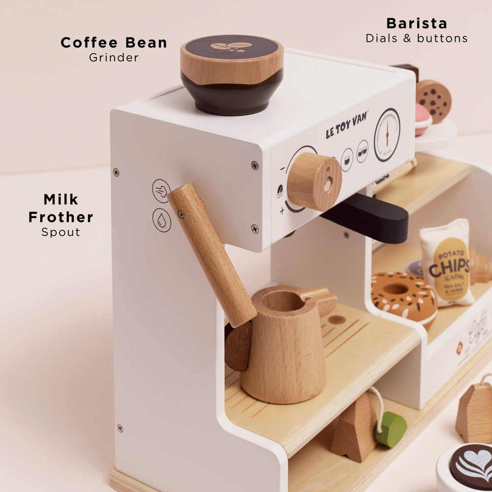 Le Toy Van Table Top Barista Café Shop – FSC-Certified Wooden Espresso Machine Play Set with 17 Accessories (Ages 3+)