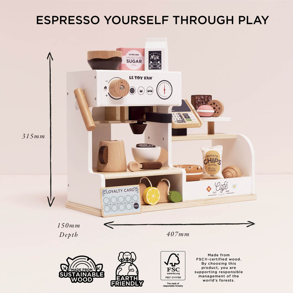 Le Toy Van Table Top Barista Café Shop – FSC-Certified Wooden Espresso Machine Play Set with 17 Accessories (Ages 3+)