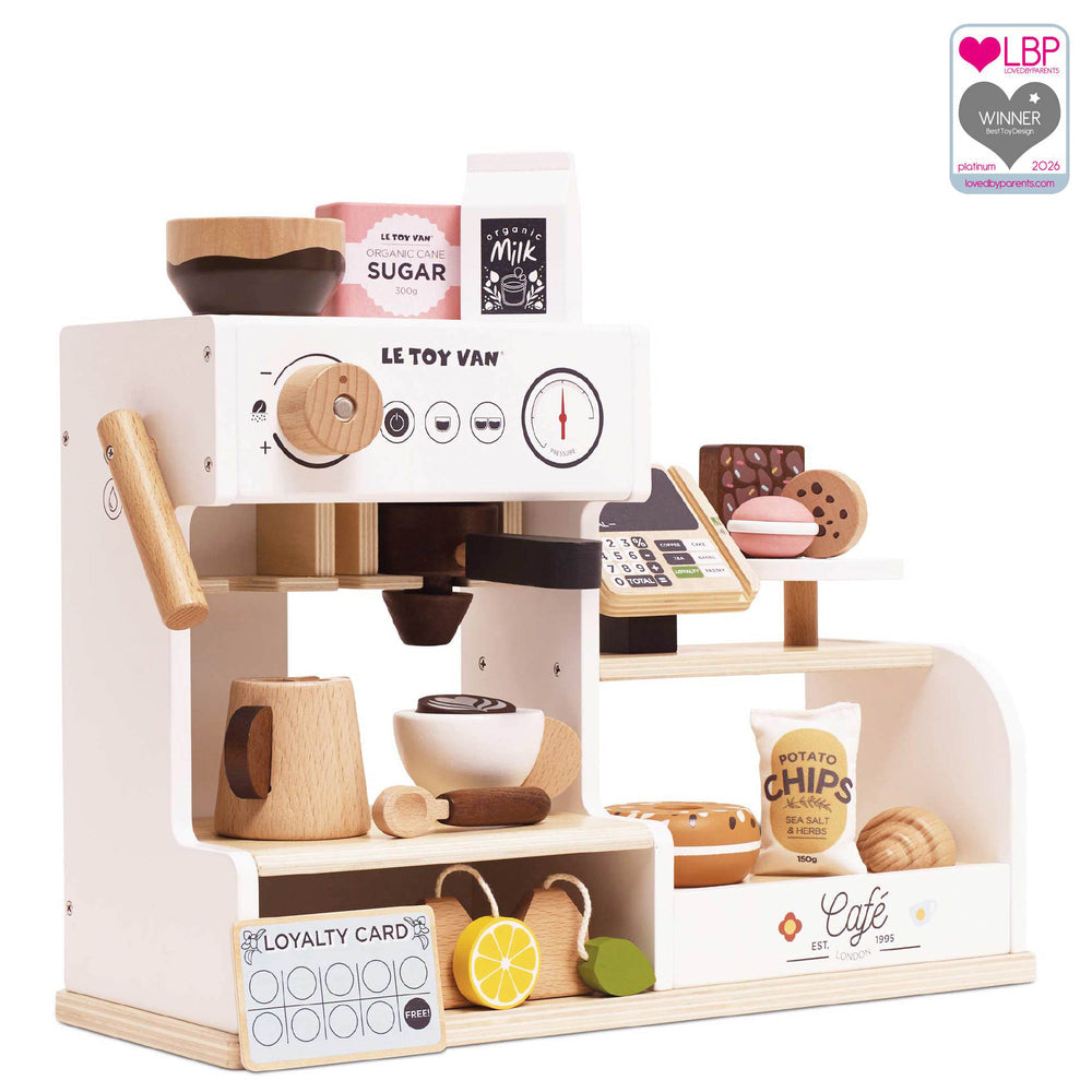 Le Toy Van Table Top Barista Café Shop – FSC-Certified Wooden Espresso Machine Play Set with 17 Accessories (Ages 3+)
