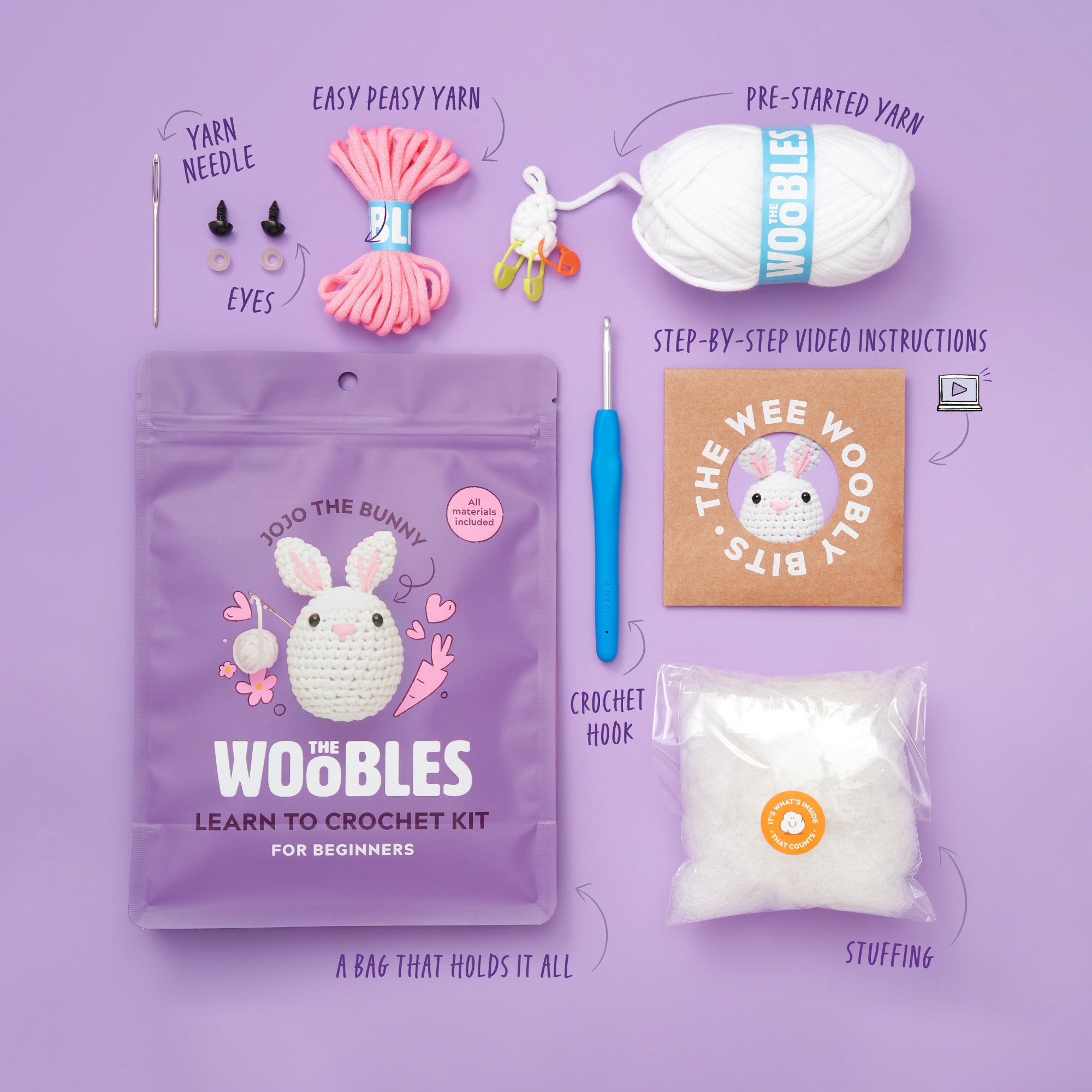 The Woobles JoJo the Bunny Beginner Crochet Kit | Easy Amigurumi Bunny for Ages 8+