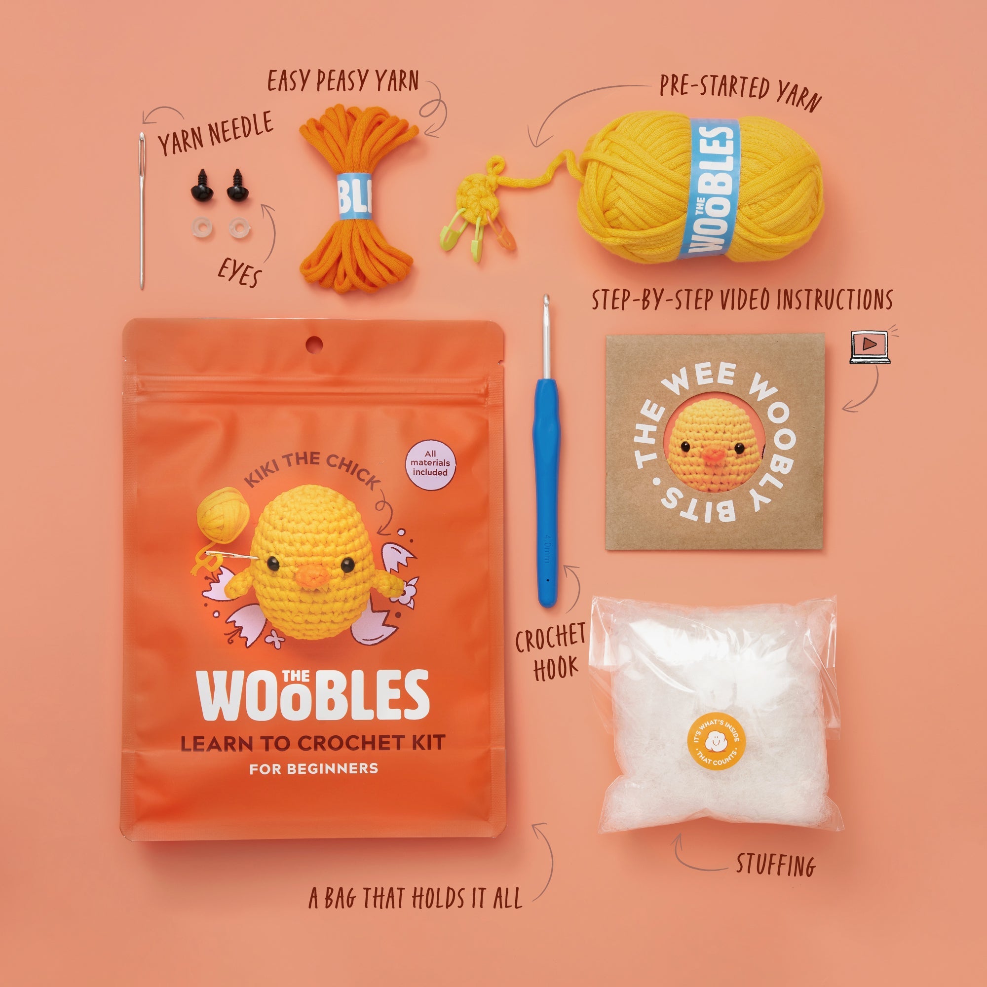 The Woobles Kiki the Chick Beginner Crochet Kit | Easy Amigurumi Chick for Ages 8+