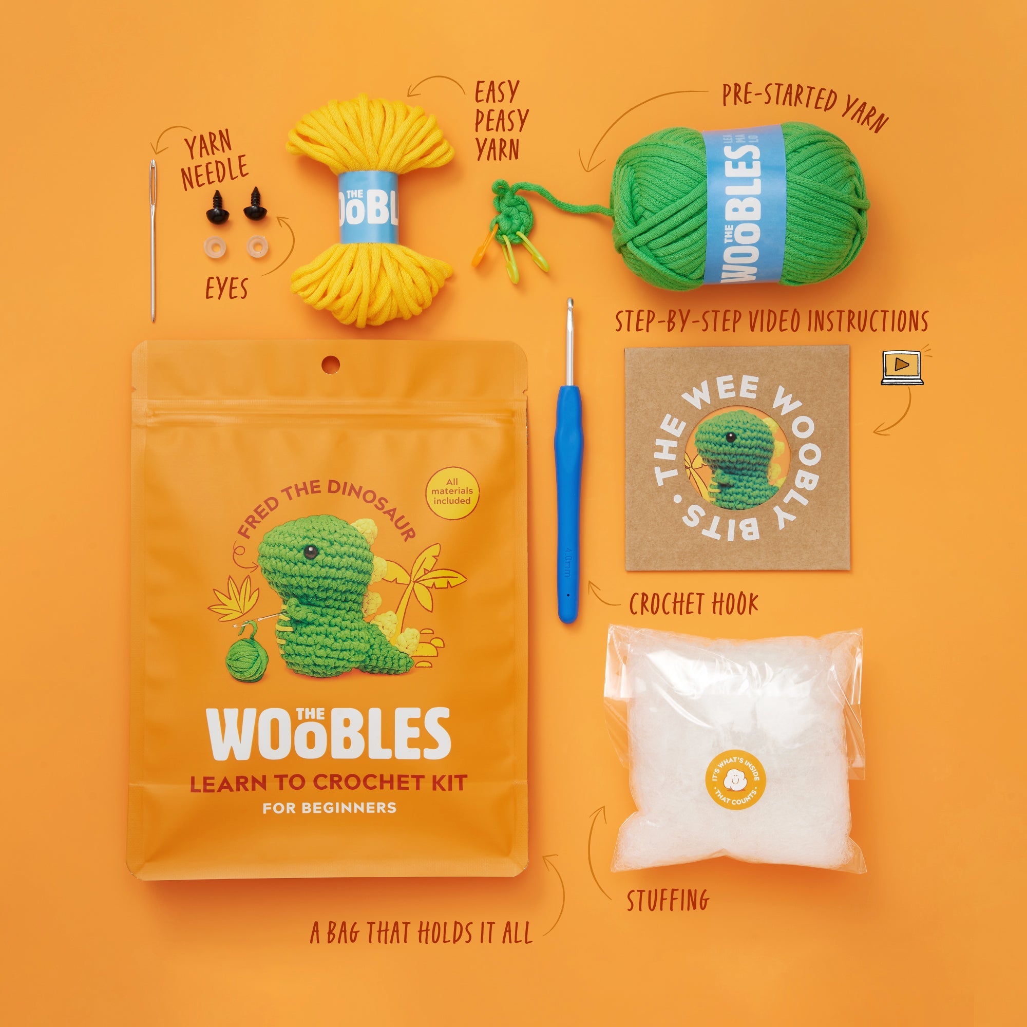 The Woobles Fred the Dinosaur Beginner Crochet Kit | Easy Amigurumi T-Rex for Ages 8+