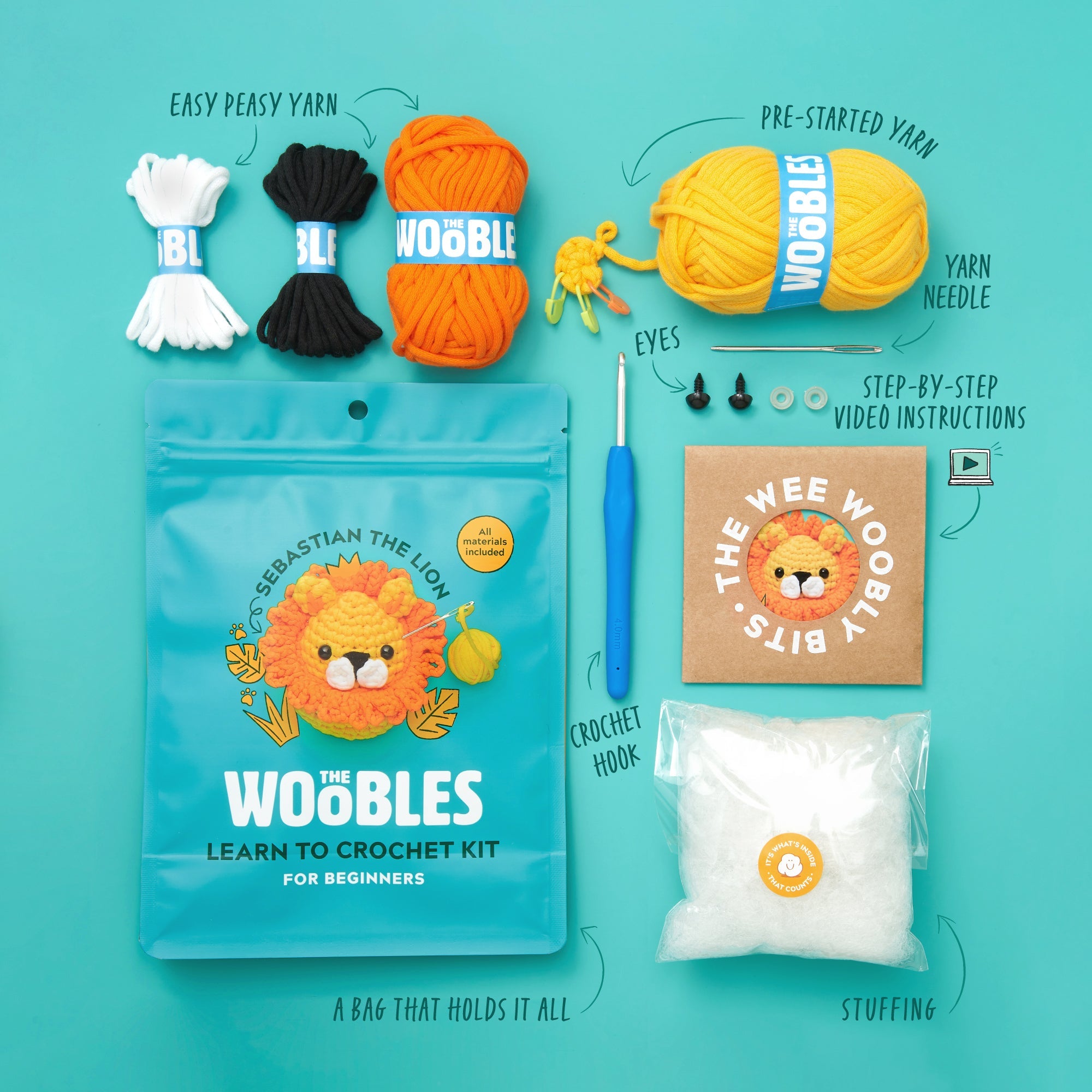 The Woobles Sebastian the Lion Beginner Crochet Kit | Easy Amigurumi Lion for Ages 8+