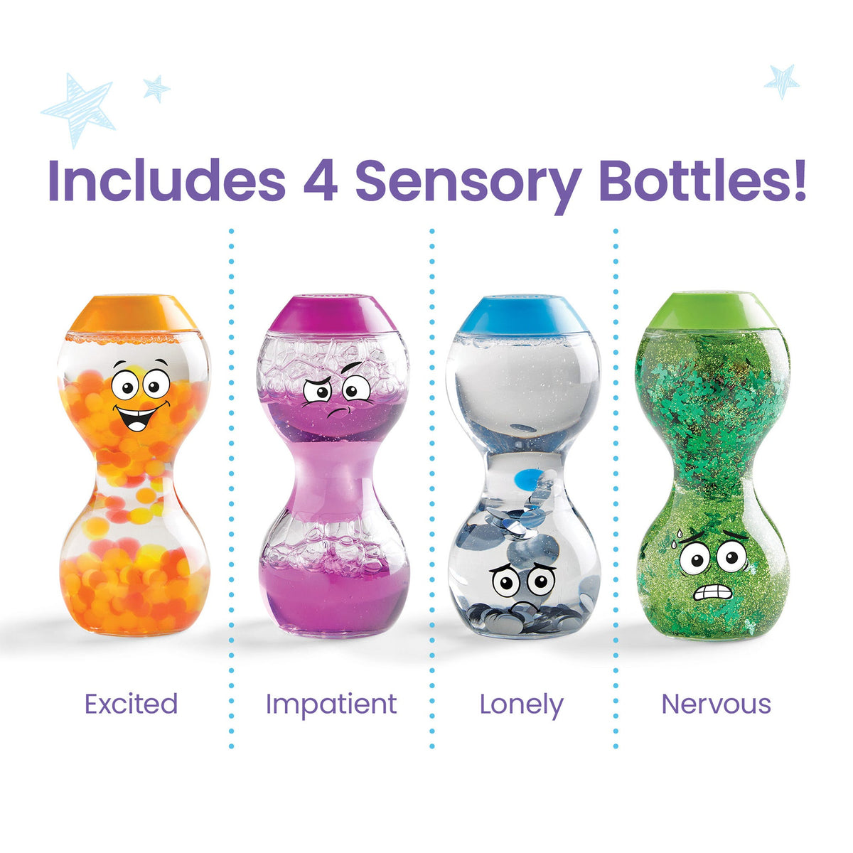 hand2mind Express Your Feelings Sensory Bottles – Excited, Nervous, Lonely & Impatient 4-Bottle SEL Set (Ages 3+)