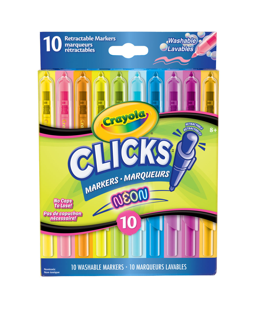 Crayola 10 Count Clicks Retractable Neon Markers – No-Cap Washable Kids Markers