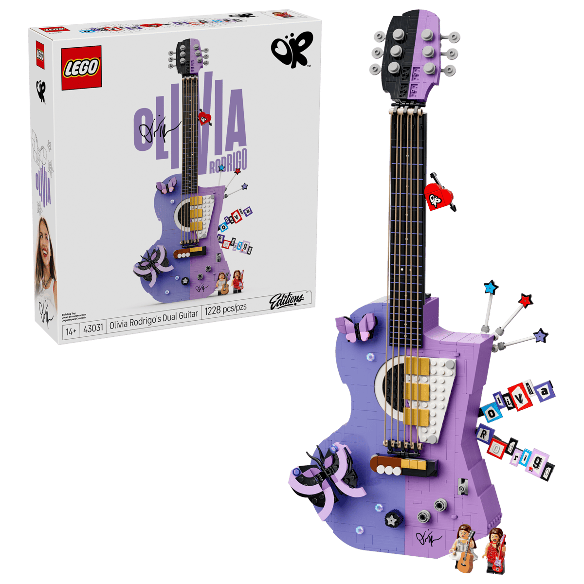 LEGO Editions Olivia Rodrigo's Dual Guitar – 1,228-Piece Split Acoustic & Electric Guitar with Hidden Stage Scenes (Ages 14+) [43031]