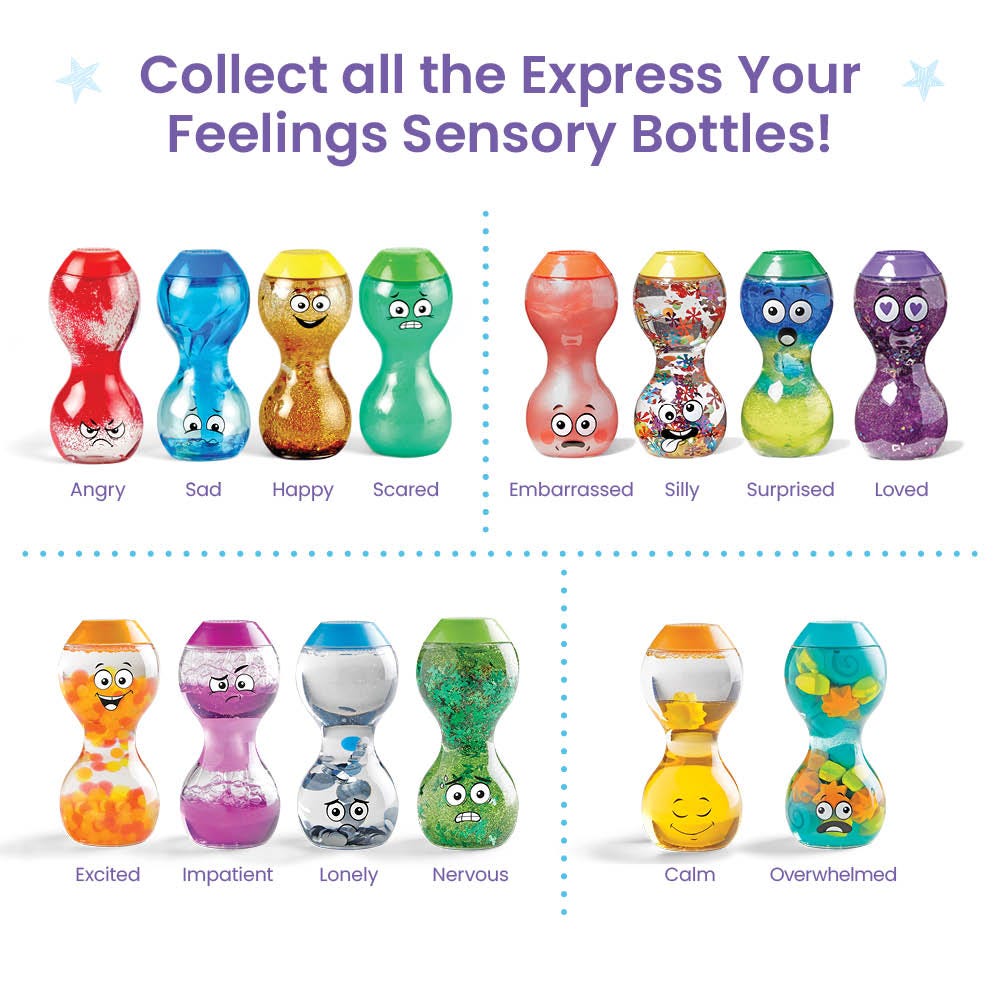 hand2mind Express Your Feelings Sensory Bottles – Loved, Surprised, Embarrassed & Silly 4-Bottle SEL Set (Ages 3+)
