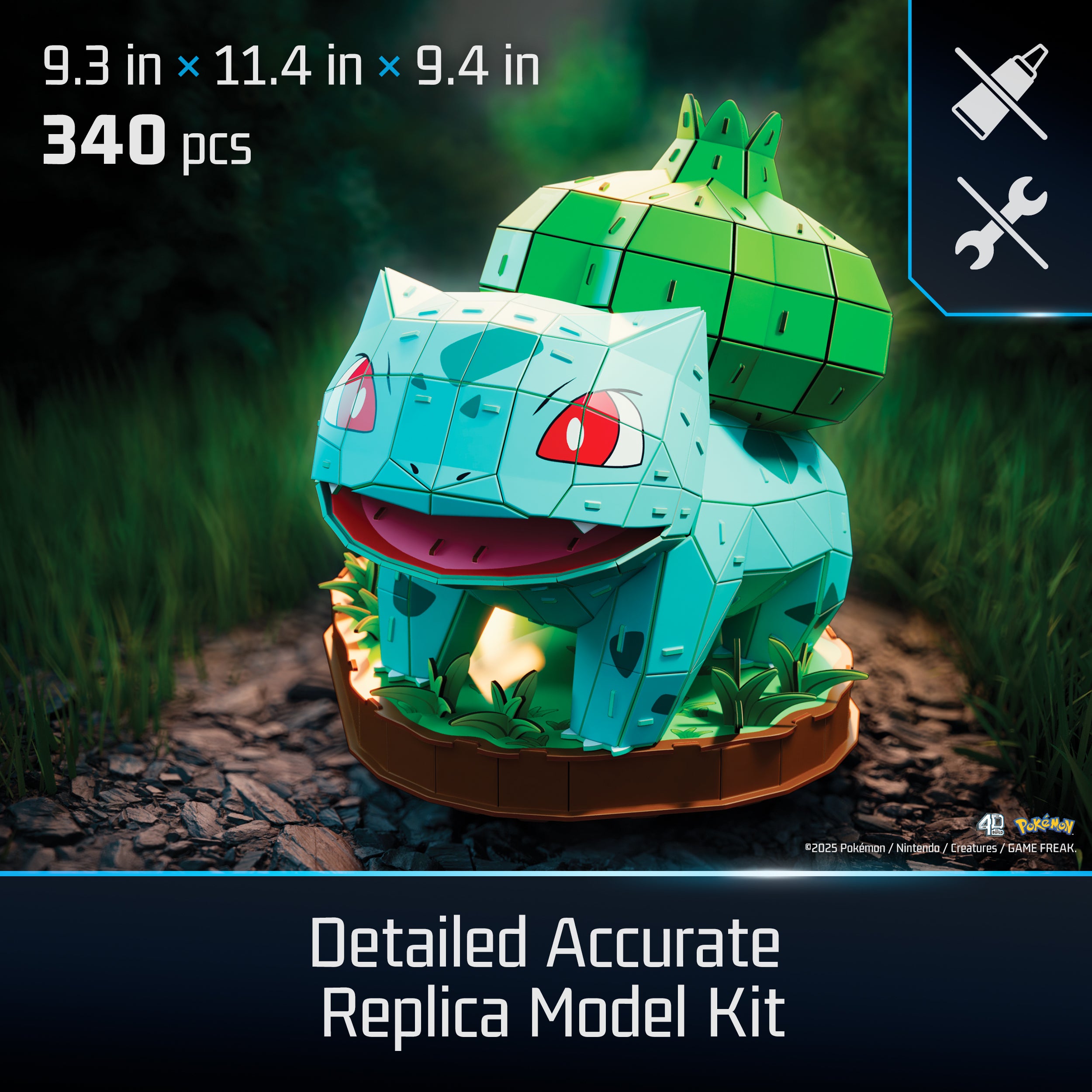 Spin Master 4D Build Pokémon 3D –  Bulbasaur 195-Piece Kanto Starter 3D Model Kit Desk Décor (Ages 12+)