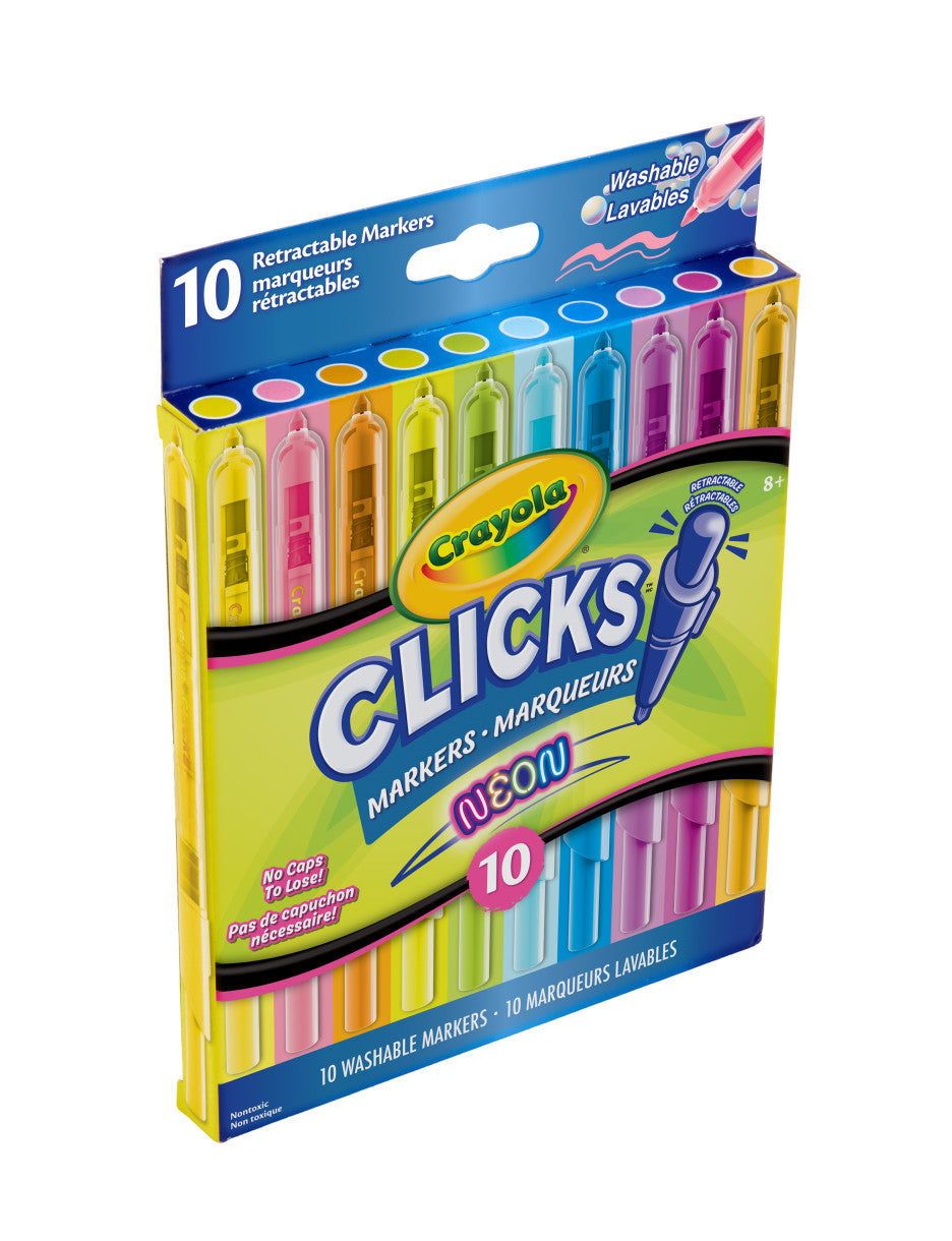 Crayola 10 Count Clicks Retractable Neon Markers – No-Cap Washable Kids Markers