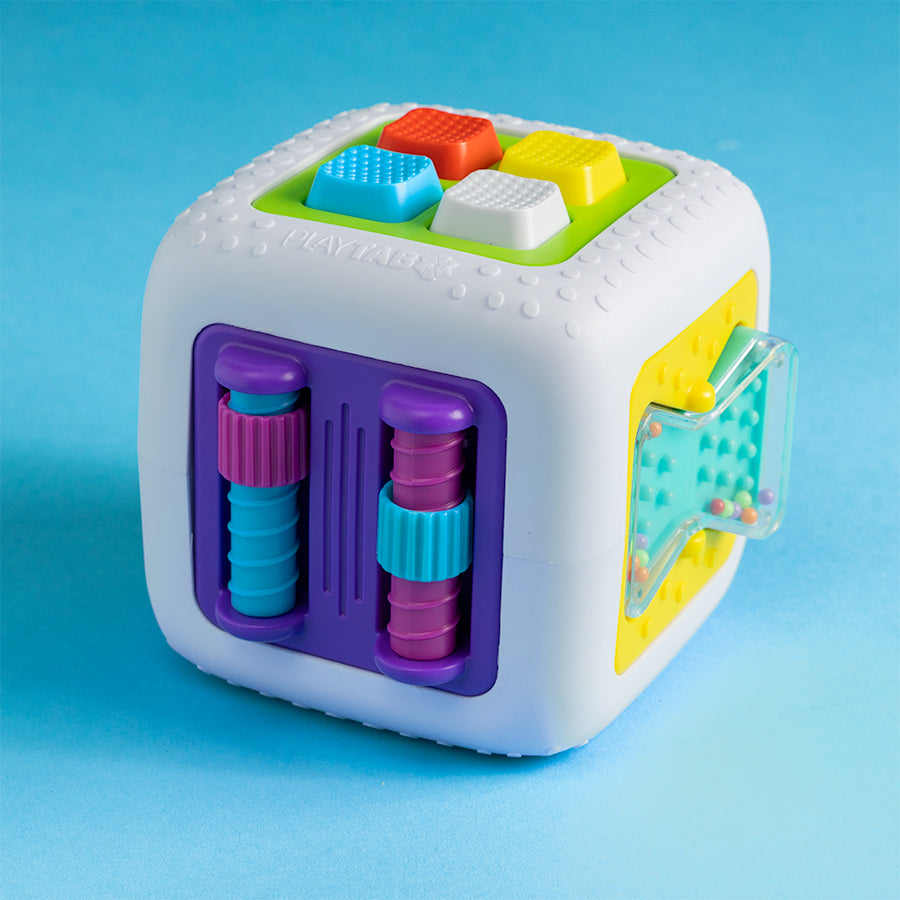 Fat Brain Toys PlayTab Cube – Modular Activity Board Cube for 5 Interchangeable Sensory Tiles (Ages 12m+)