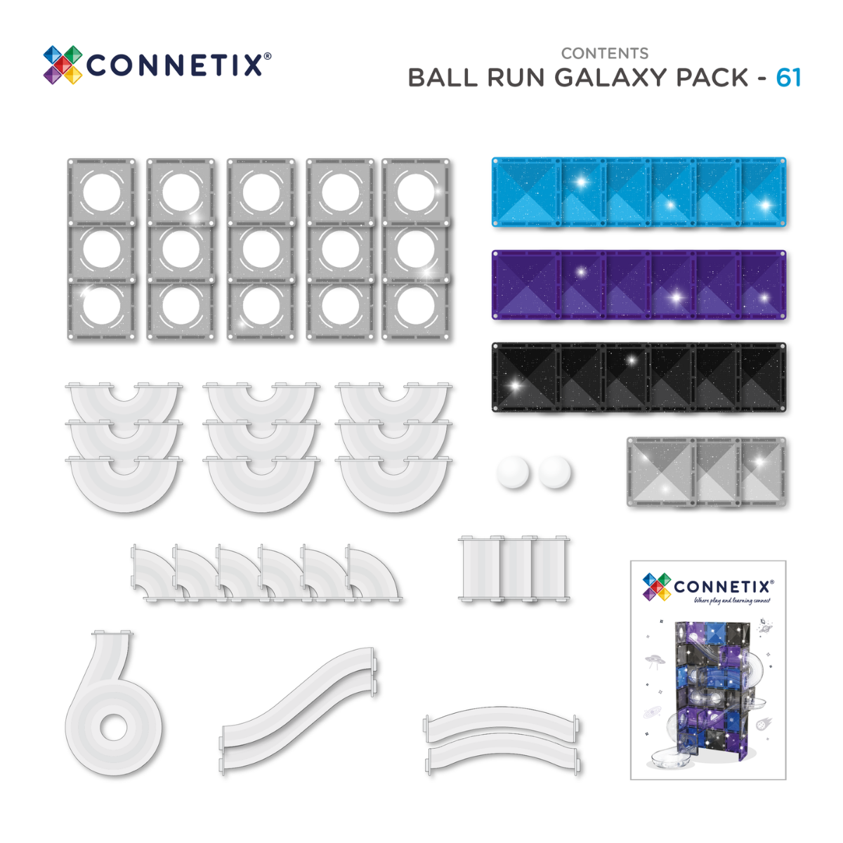 Connetix Ball Run Galaxy Pack 61-Piece – Glitter Magnetic Tiles Ball Run with Light Balls & Space Colour Palette (Ages 3+)