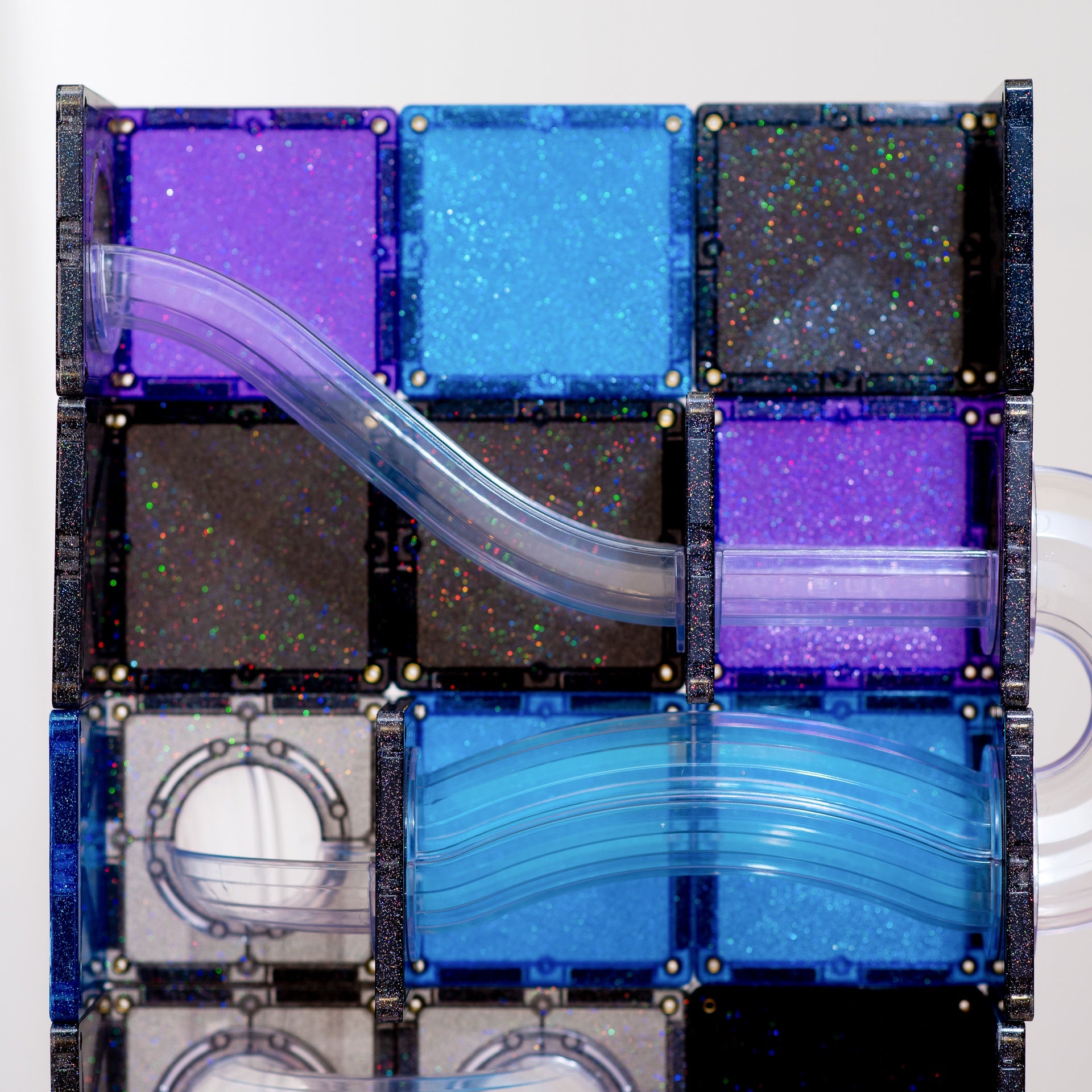 Connetix Ball Run Galaxy Pack 61-Piece – Glitter Magnetic Tiles Ball Run with Light Balls & Space Colour Palette (Ages 3+)