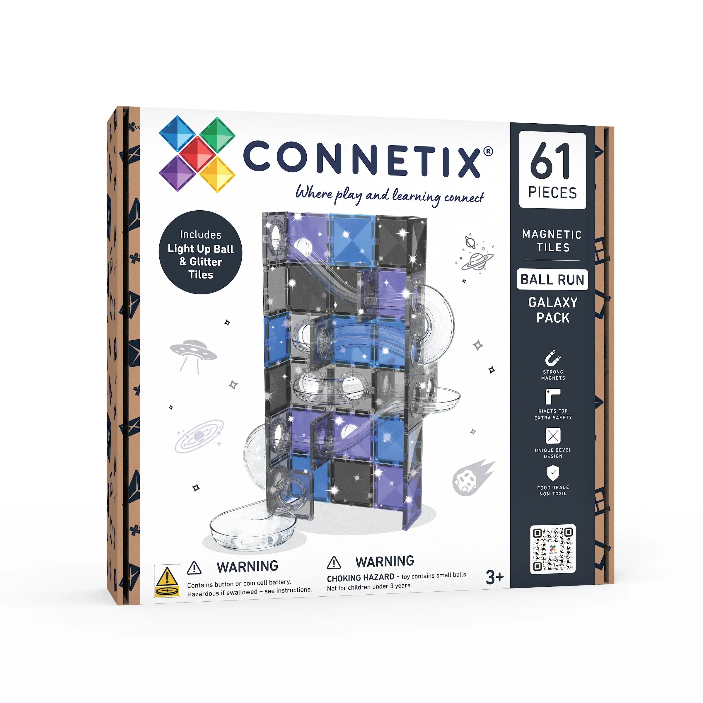 Connetix Ball Run Galaxy Pack 61-Piece – Glitter Magnetic Tiles Ball Run with Light Balls & Space Colour Palette (Ages 3+)